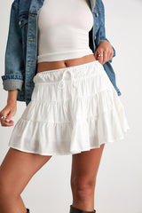 Modica Ivory Tiered Drawstring Mini Skirt