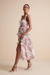 Naenia White Floral Tiered Tie-Strap Midi Dress