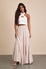 Sunset by the Sea Light Beige Embroidered Tiered Maxi Skirt