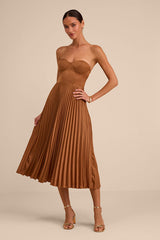 Irelyn Light Brown Satin Bustier Midi Dress