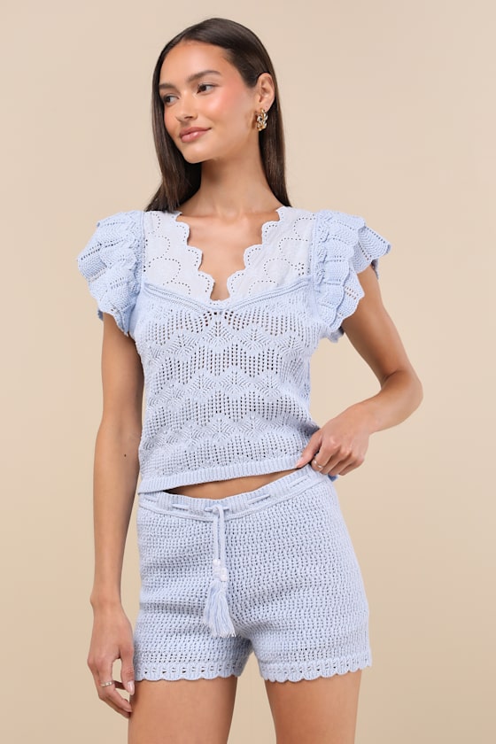 Caroline Light Blue Crochet Knit Shorts