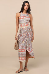 Radina Orange Paisley Print Satin Halter Midi Wrap Dress