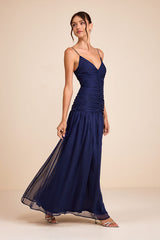 Ronna Navy Ruched Drop Waist Maxi Dress