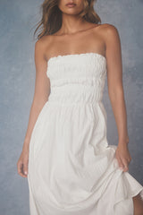 Ania White Strapless Smocked Midi Dress