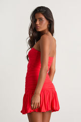 Calix Bright Red Strapless Ruched Bubble-Hem Mini Dress