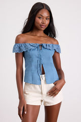 Alesana Blue Eyelet Embroidered Button-Front Top