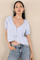 Briallen Light Blue Embroidered Short Sleeve Top