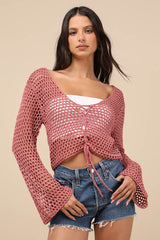Saray Dusty Rose Loose Crochet Knit Lace-Up Sweater Crop Top