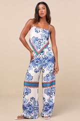 Tulla White and Blue Floral Satin Handkerchief Cami Top