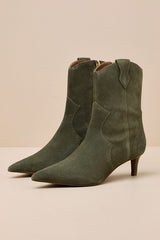 Dallas Olive Suede Leather Western Kitten Heel Booties