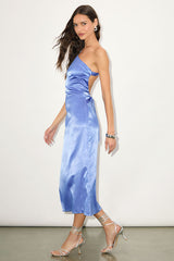 Yvonne Light Blue Satin One-Shoulder Midi Dress
