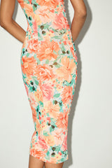 Date Night Beauty Orange Floral Print Mesh Ruched Midi Dress