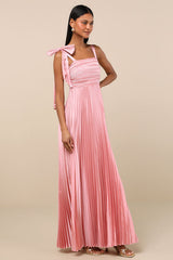 Gorgeous Purpose Pink Satin Pleated Sleeveless Bow Maxi Dress