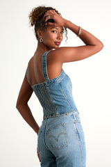 Sculpted Bustier Medium Wash Zip-Front Denim Bustier Top