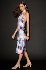 Beyond Classy Blue Multi Abstract Print Satin Halter Midi Dress