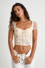 Sweeter Vibes Cream Floral Mesh Short Sleeve Bustier Crop Top