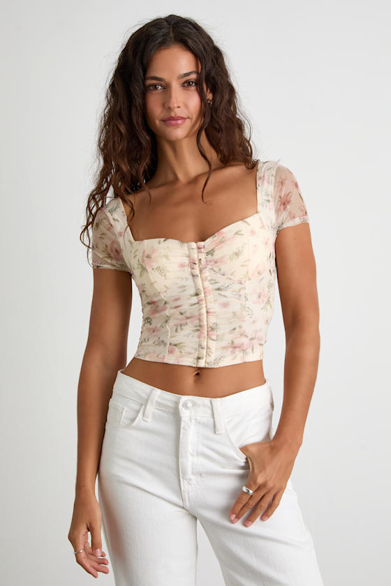 Sweeter Vibes Cream Floral Mesh Short Sleeve Bustier Crop Top