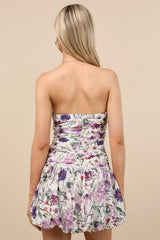 Marika Ivory and Purple Floral Bubble Hem Mini Dress