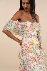 Lucella Cream Multi Floral Tiered Off-the-Shoulder Midi Dress