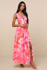 Elisanna Pink Multi Floral Lace-Up Midi Dress