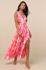 Elisanna Pink Multi Floral Lace-Up Midi Dress