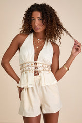 Dione Cream Crochet Halter Seashell Charm Tank Top