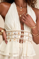 Dione Cream Crochet Halter Seashell Charm Tank Top