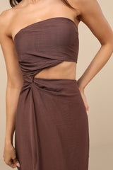 Zisel Brown Cutout Strapless Midi Dress