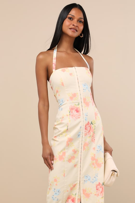Arrosa Light Yellow Floral Halter Midi Dress