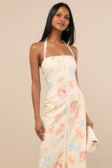 Arrosa Light Yellow Floral Halter Midi Dress