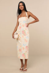 Arrosa Light Yellow Floral Halter Midi Dress