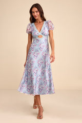 Darcy Light Blue Floral Puff Sleeve Midi Dress