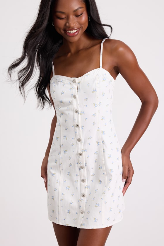 Blakely White Ditsy Floral Twill Button-Front Mini Dress