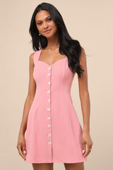 Sarie Pink Textured Button-Front Mini Dress