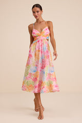 Ettalie Pink Multi Floral Lace-Up Midi Dress