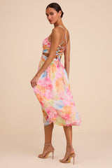Ettalie Pink Multi Floral Lace-Up Midi Dress