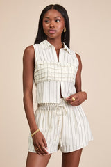 Clarette Light Beige Striped Pleated Collared Top
