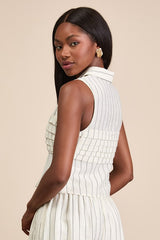 Clarette Light Beige Striped Pleated Collared Top