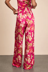 Zelimah Fuchsia Floral Satin Wide-Leg Pants