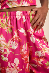 Zelimah Fuchsia Floral Satin Wide-Leg Pants