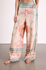 Dreya Beige Multi Boho Print Satin Wide-Leg Pants