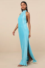 Gwenny Aqua Blue Satin Plisse Maxi Dress