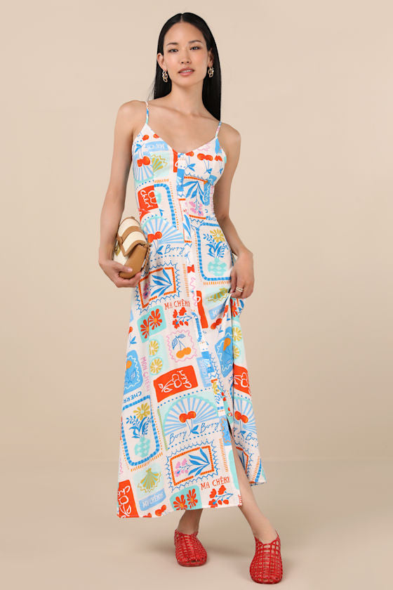 Sanya Ivory Multi Print Button-Front Sleeveless Midi Dress