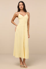Sanya Light Yellow Button-Front Sleeveless Midi Dress