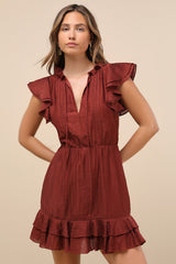Tanaya Rust Brown Flutter Sleeve Tiered Mini Dress