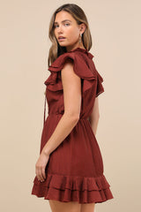 Tanaya Rust Brown Flutter Sleeve Tiered Mini Dress