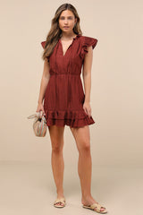 Tanaya Rust Brown Flutter Sleeve Tiered Mini Dress