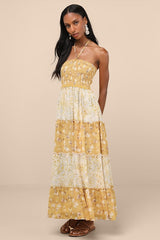 Bennie Yellow and Ivory Floral Tiered Halter Maxi Dress