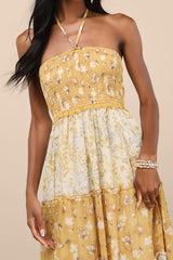 Bennie Yellow and Ivory Floral Tiered Halter Maxi Dress