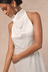 Meliana White Satin Halter Backless Maxi Dress